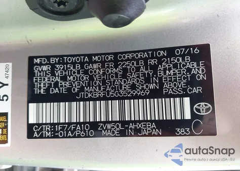 2016 Toyota Prius Two из США, поврежденный, VIN JTDKBRFU5G3529969